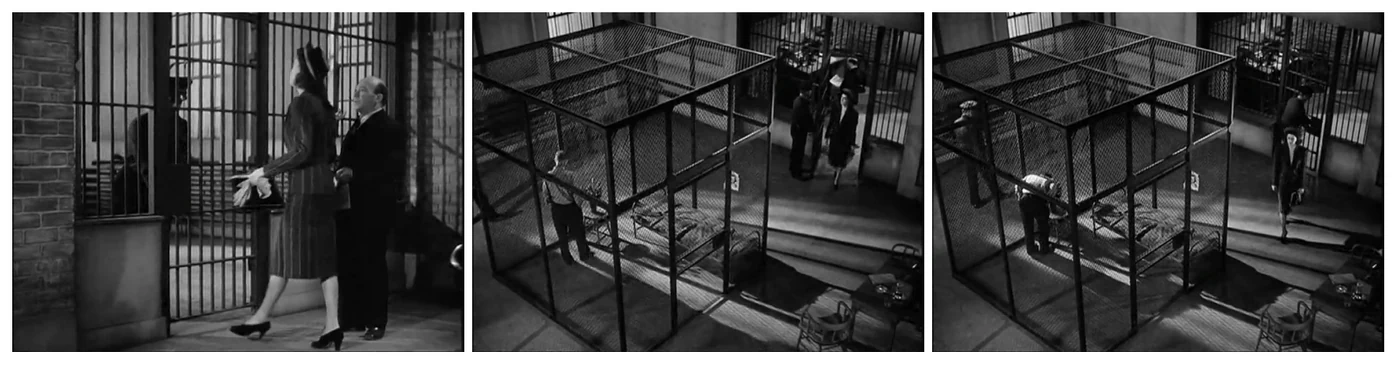 Frames from His Girl Friday showing Hildy entering the room to talk to Earl Williams through the bars of his cell.