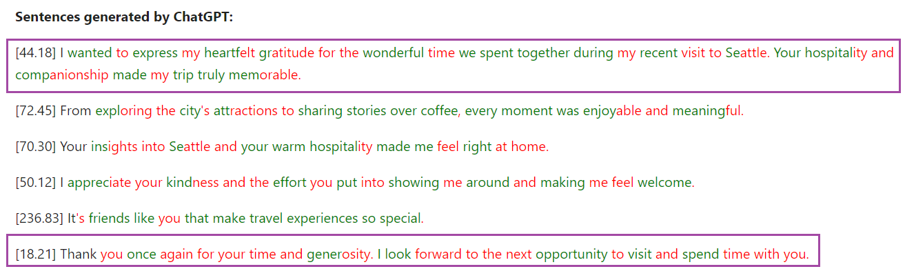 The sentences in the purple box are correctly identified as AI-generated by our model, whereas the rest are incorrectly identified as human written.